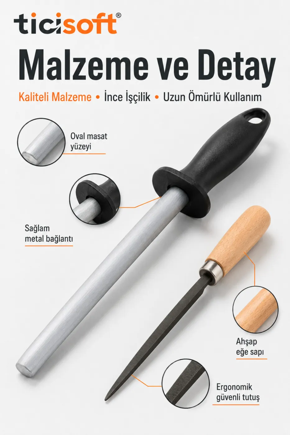 Bıçak Bileme Seti 37 cm Oval Masat ve 23 cm İnce Diş Karbon Üçgen Eğe