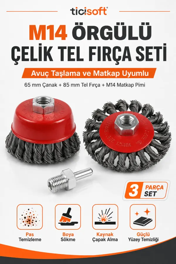 M14 Çelik Tel Fırça Seti 65-85 mm 3 Parça Pas Boya Kaynak Temizleme Avuç Taşlama ve Matkap Uyumlu