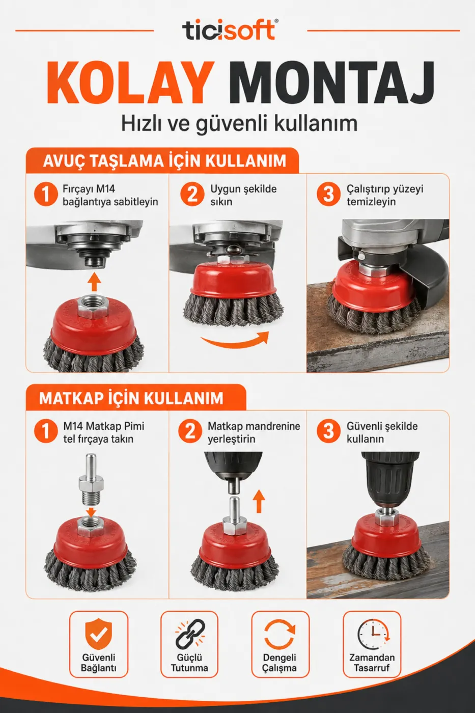 M14 Çelik Tel Fırça Seti 65-85 mm 3 Parça Pas Boya Kaynak Temizleme Avuç Taşlama ve Matkap Uyumlu