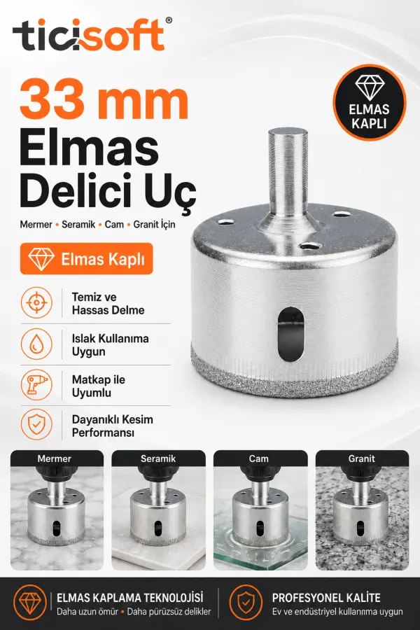 33 mm Elmas Kaplı Panç Delici Uç Cam Seramik Mermer Granit Delme Matkap Ucu