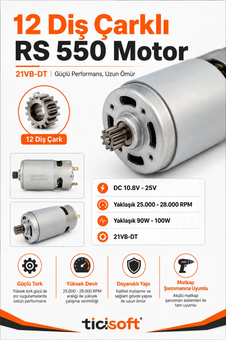 RS 550 21VB-DT 12 Diş Şarjlı Matkap Motoru DC 18V-25V Akülü Matkap Yedek Motoru