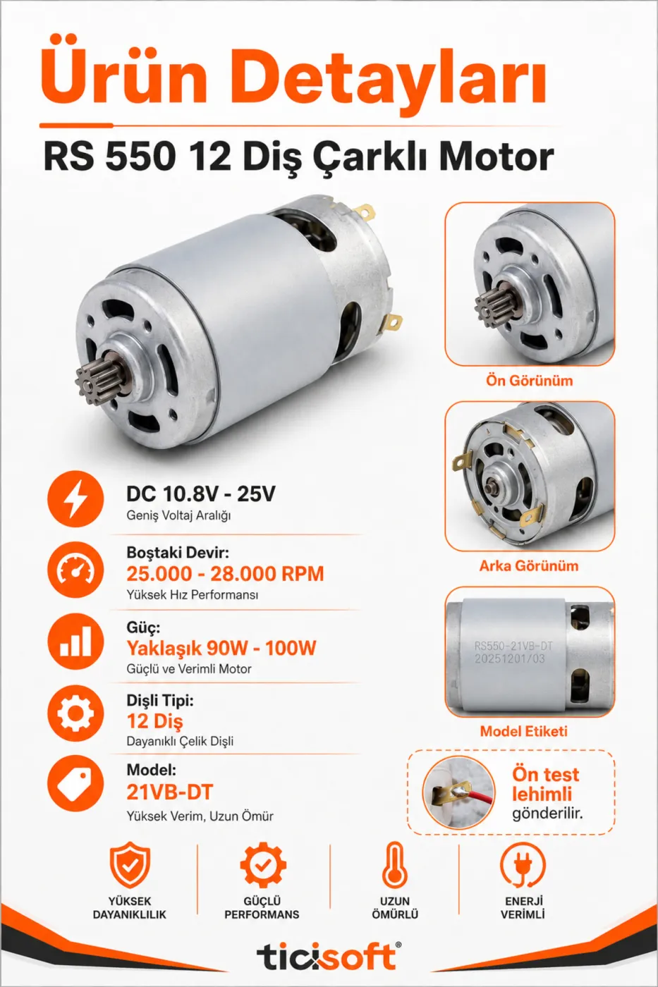 RS 550 21VB-DT 12 Diş Şarjlı Matkap Motoru DC 18V-25V Akülü Matkap Yedek Motoru