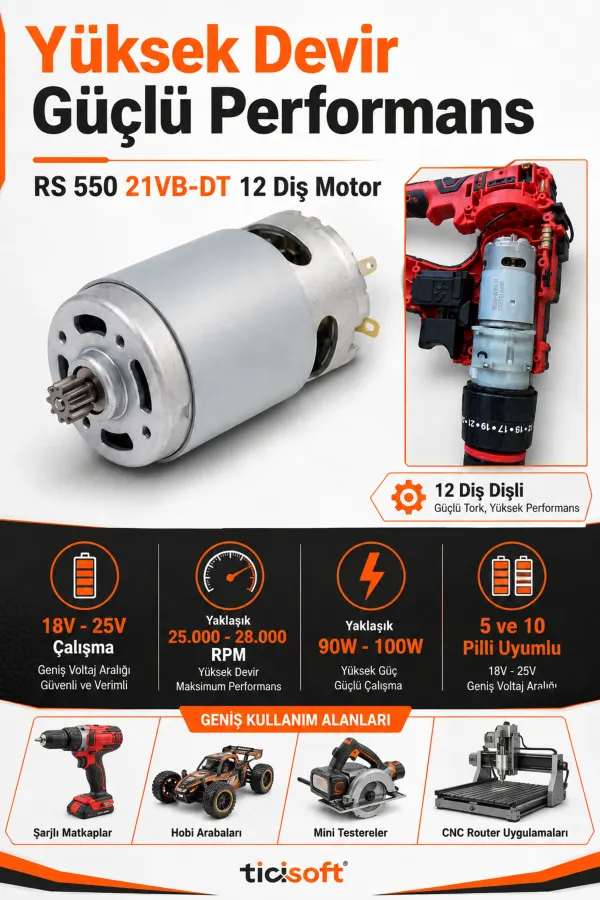 RS 550 21VB-DT 12 Diş Şarjlı Matkap Motoru DC 18V-25V Akülü Matkap Yedek Motoru