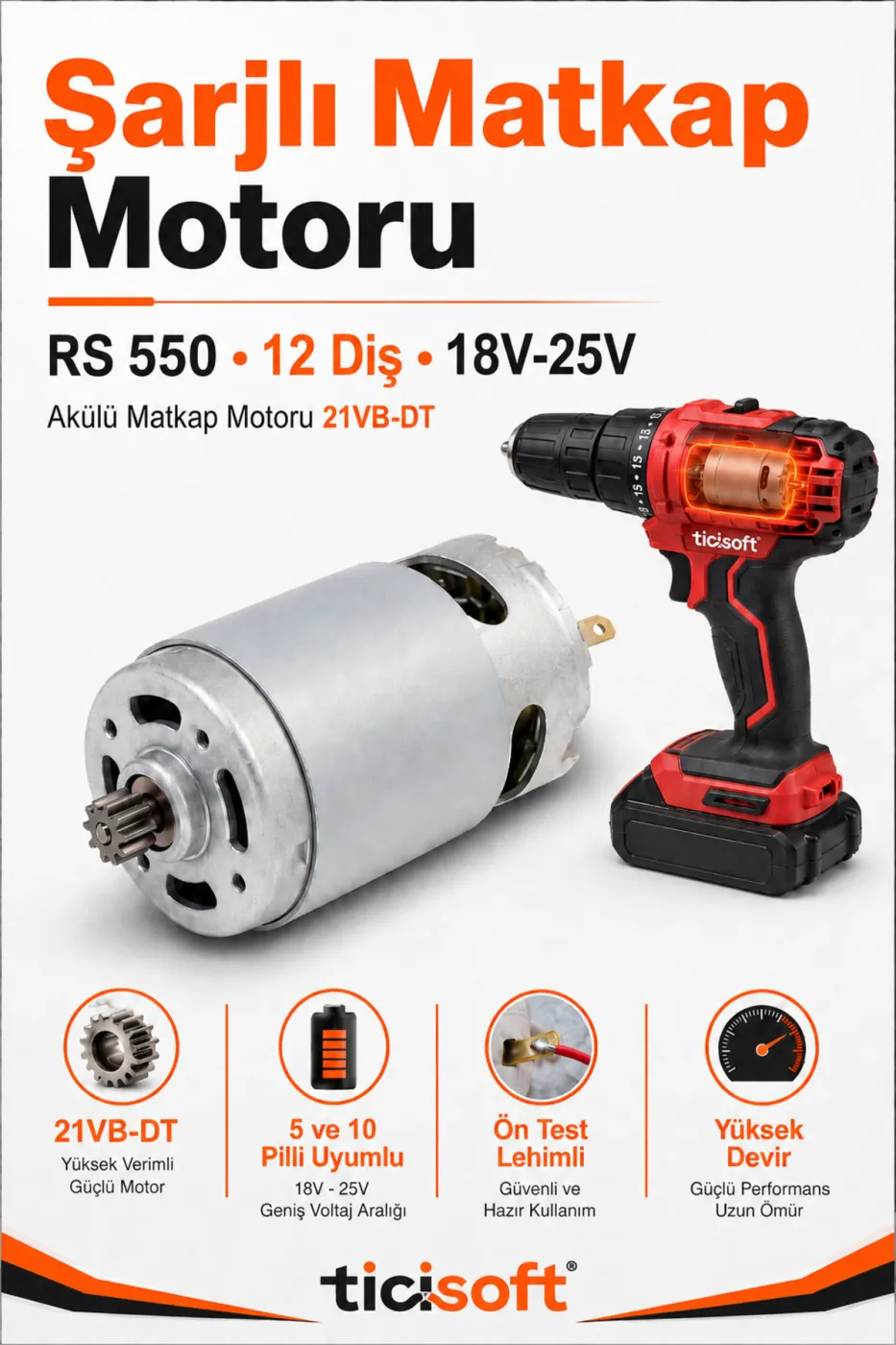 RS 550 21VB-DT 12 Diş Şarjlı Matkap Motoru DC 18V-25V Akülü Matkap Yedek Motoru