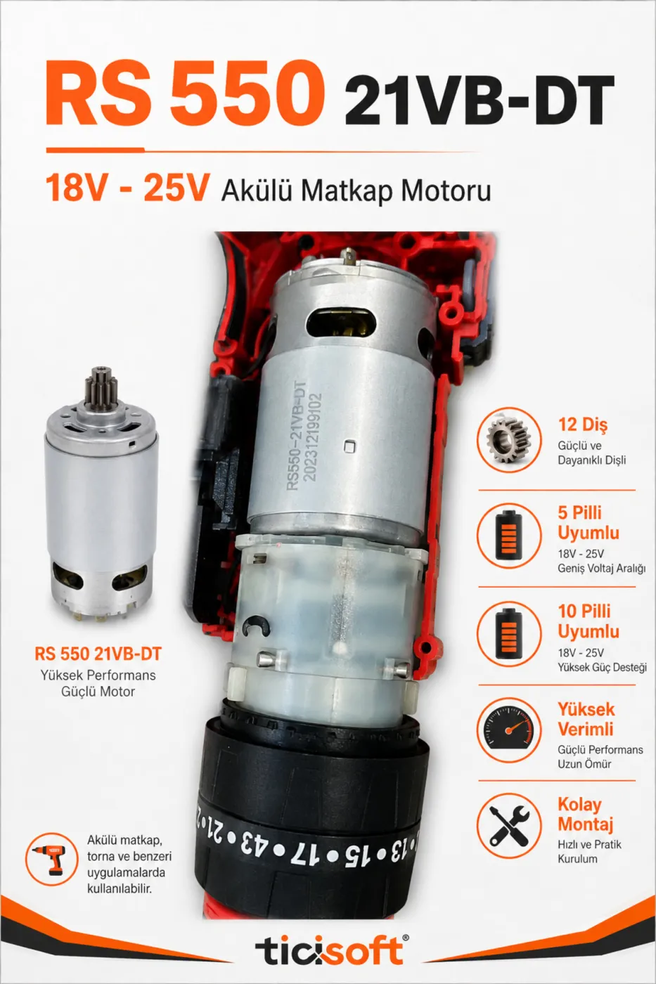 RS 550 21VB-DT 12 Diş Şarjlı Matkap Motoru DC 18V-25V Akülü Matkap Yedek Motoru
