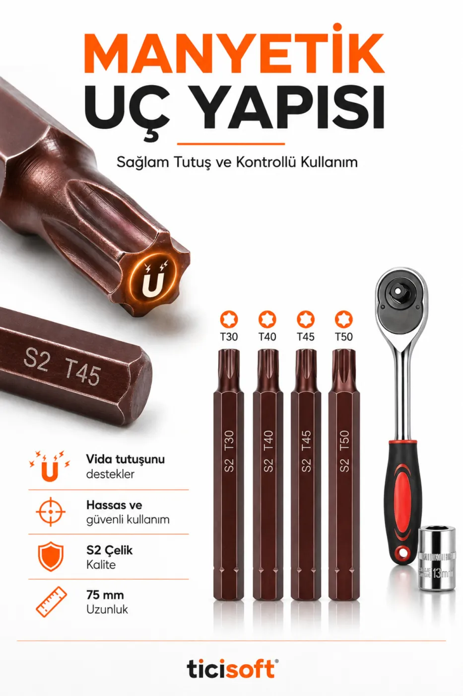 Cırcır Kollu Manyetik Torx Uç Seti 75 mm S2 Çelik T30 T40 T45 T50 4’lü Torx Bits + 1/4 Cırcır Kol + Adaptör