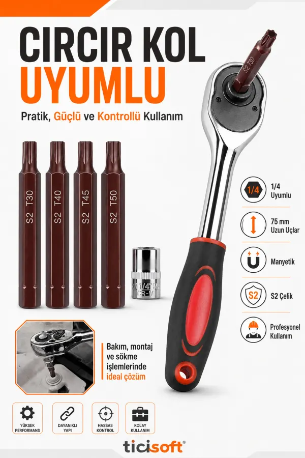 Cırcır Kollu Manyetik Torx Uç Seti 75 mm S2 Çelik T30 T40 T45 T50 4’lü Torx Bits + 1/4 Cırcır Kol + Adaptör