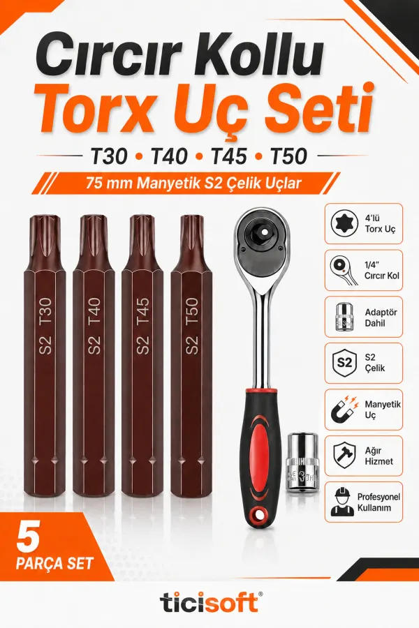 Cırcır Kollu Manyetik Torx Uç Seti 75 mm S2 Çelik T30 T40 T45 T50 4’lü Torx Bits + 1/4 Cırcır Kol + Adaptör