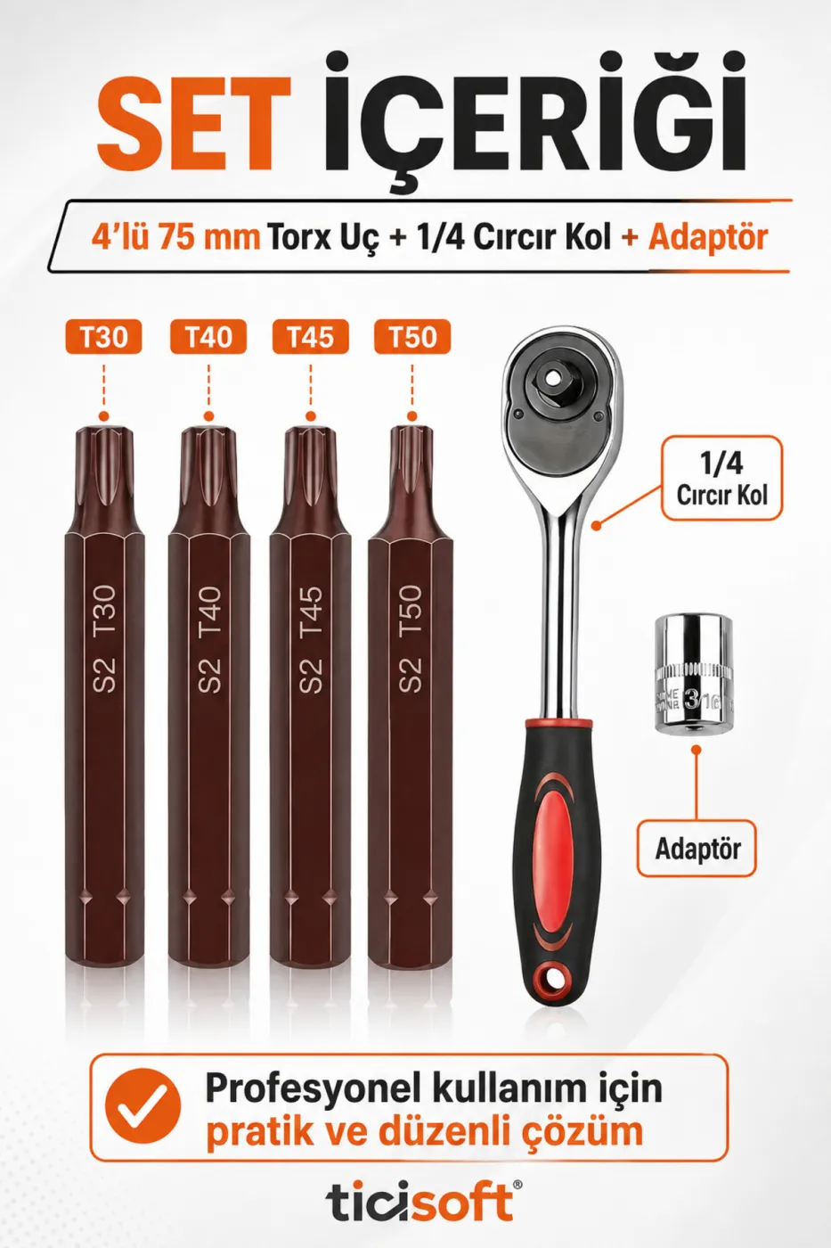 Cırcır Kollu Manyetik Torx Uç Seti 75 mm S2 Çelik T30 T40 T45 T50 4’lü Torx Bits + 1/4 Cırcır Kol + Adaptör