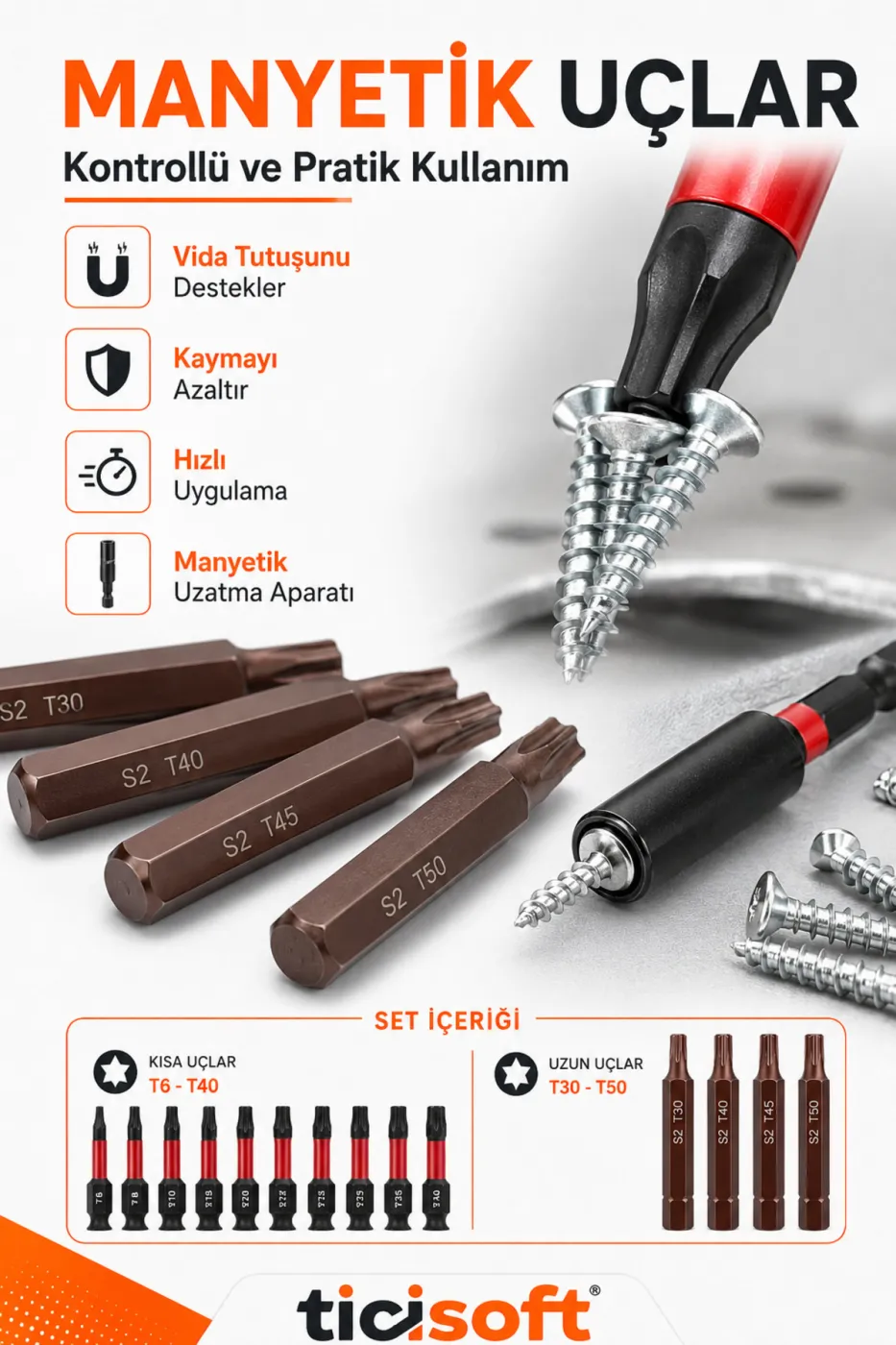 15 Parça S2 Çelik Manyetik Torx Tornavida Ucu Seti T6-T50 50/75 mm Bits Uç ve Uzatma Aparatı Saklama Kutulu