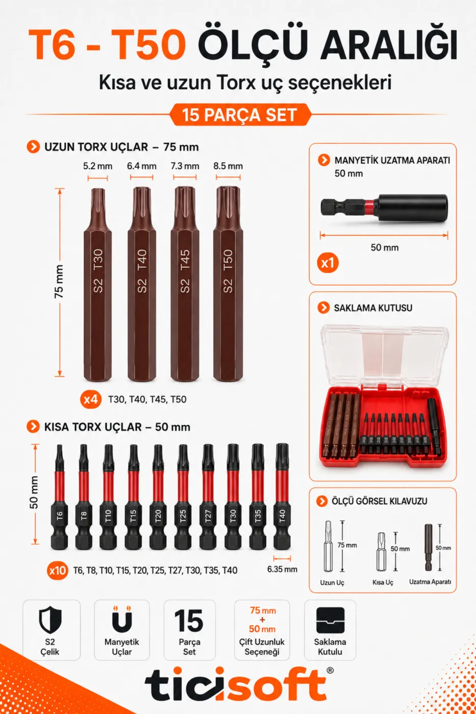 15 Parça S2 Çelik Manyetik Torx Tornavida Ucu Seti T6-T50 50/75 mm Bits Uç ve Uzatma Aparatı Saklama Kutulu