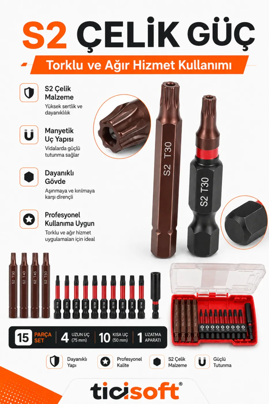15 Parça S2 Çelik Manyetik Torx Tornavida Ucu Seti T6-T50 50/75 mm Bits Uç ve Uzatma Aparatı Saklama Kutulu