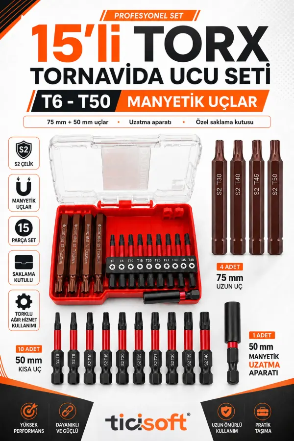 15 Parça S2 Çelik Manyetik Torx Tornavida Ucu Seti T6-T50 50/75 mm Bits Uç ve Uzatma Aparatı Saklama Kutulu