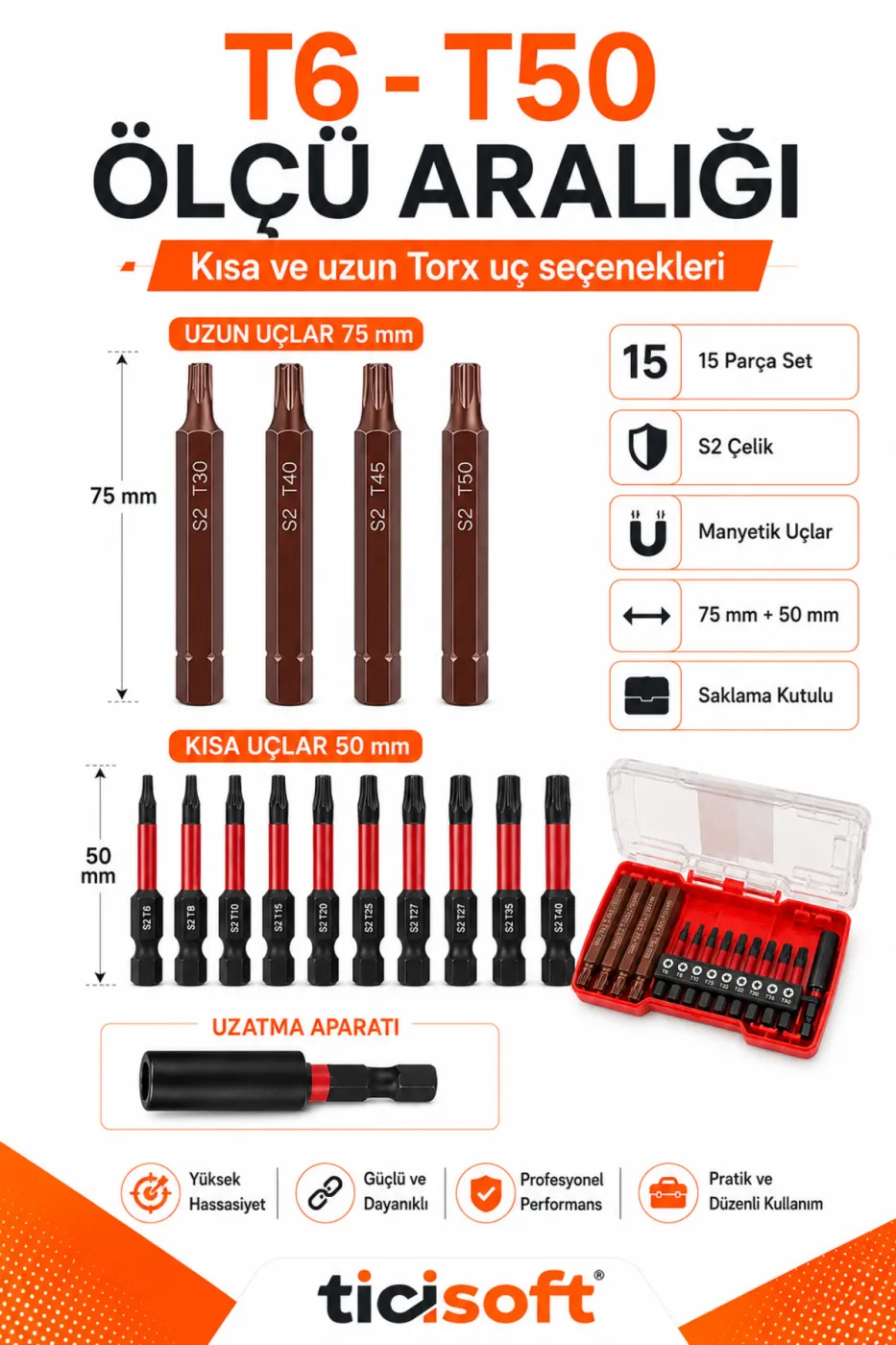 15 Parça S2 Çelik Manyetik Torx Tornavida Ucu Seti T6-T50 50/75 mm Bits Uç ve Uzatma Aparatı Saklama Kutulu