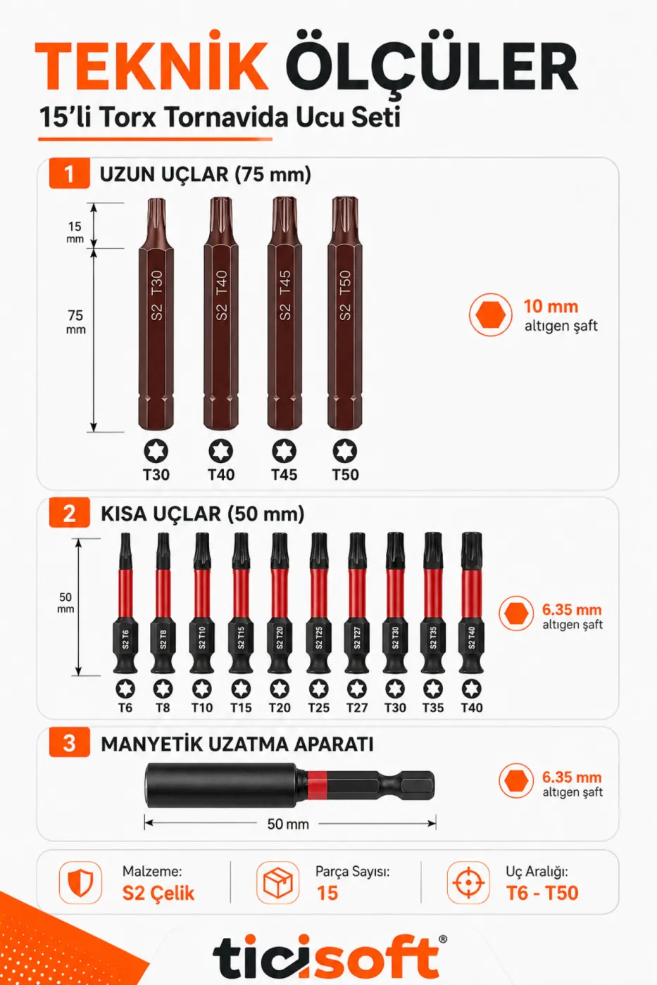 15 Parça S2 Çelik Manyetik Torx Tornavida Ucu Seti T6-T50 50/75 mm Bits Uç ve Uzatma Aparatı Saklama Kutulu
