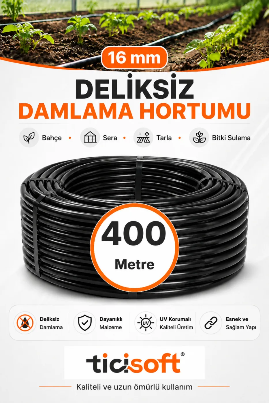 400 Metre 16 mm Deliksiz Damlama Sulama Hortumu Bahçe Sera Tarla Bitki ve Ağaç Sulama Borusu