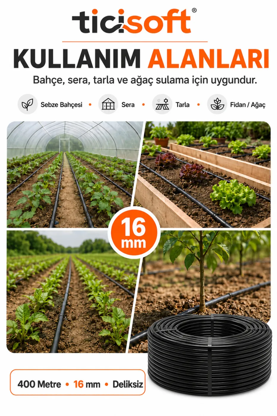 400 Metre 16 mm Deliksiz Damlama Sulama Hortumu Bahçe Sera Tarla Bitki ve Ağaç Sulama Borusu