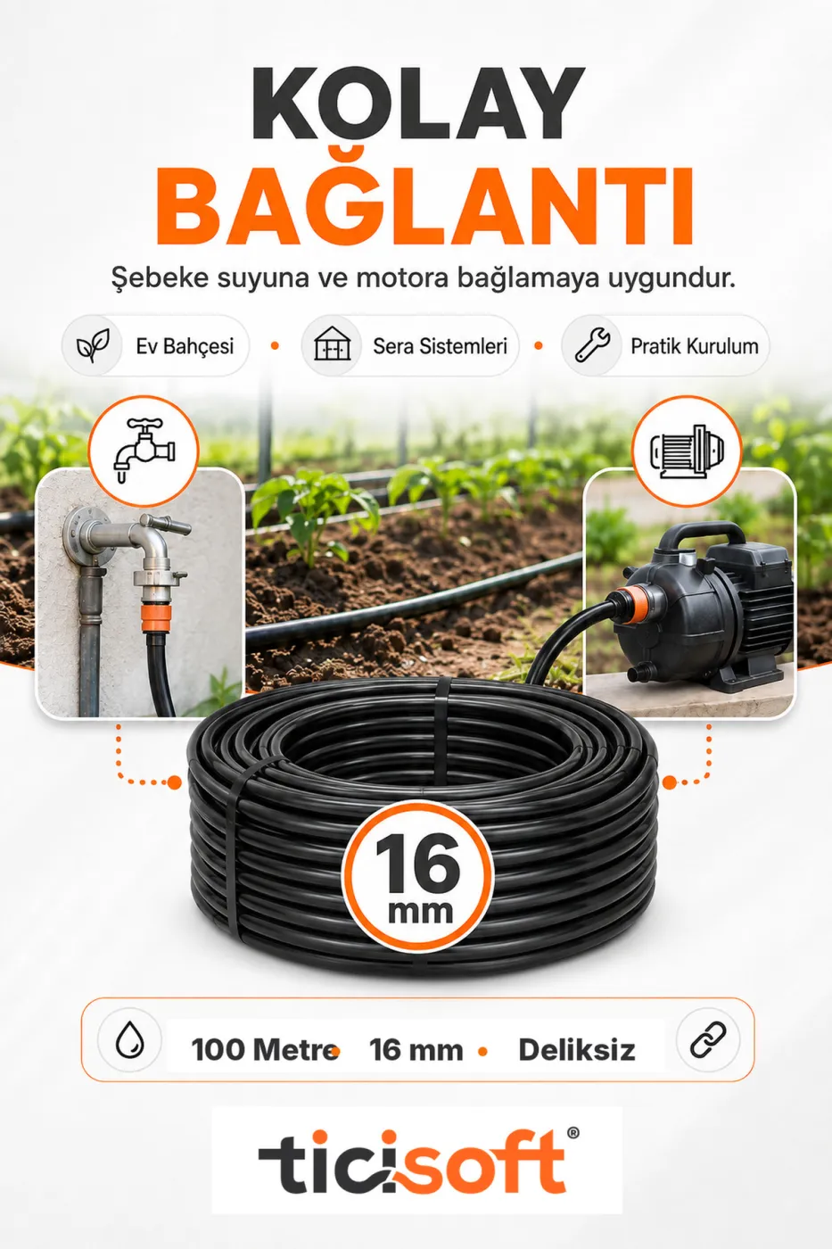100 Metre 16 mm Deliksiz Damlama Sulama Hortumu Bahçe Sera Tarla Bitki ve Ağaç Sulama Borusu