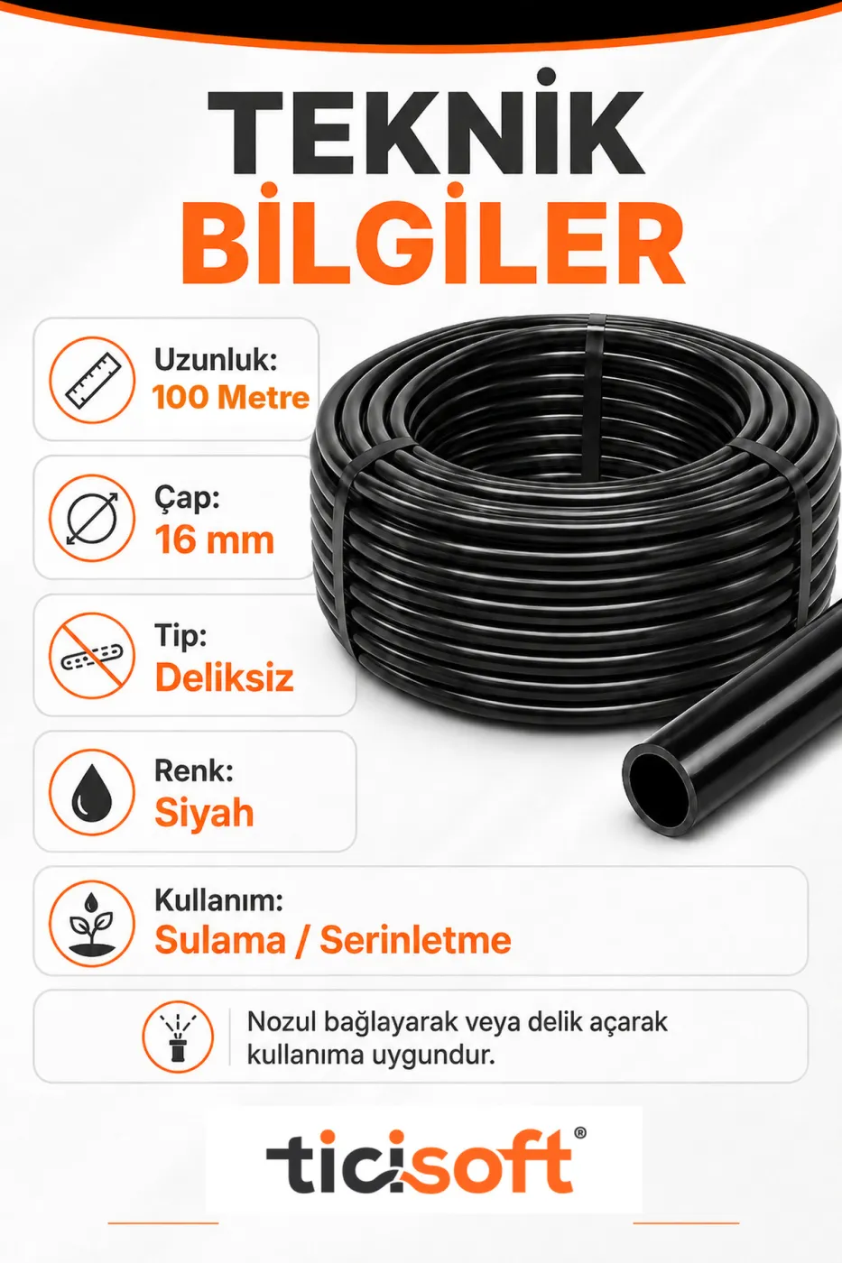 100 Metre 16 mm Deliksiz Damlama Sulama Hortumu Bahçe Sera Tarla Bitki ve Ağaç Sulama Borusu