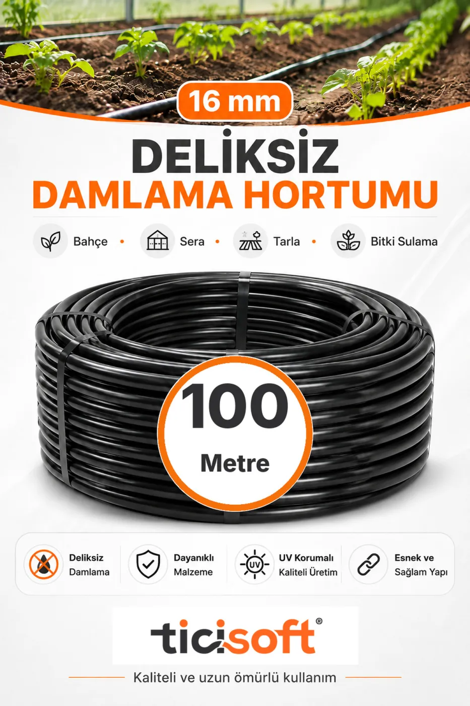 100 Metre 16 mm Deliksiz Damlama Sulama Hortumu Bahçe Sera Tarla Bitki ve Ağaç Sulama Borusu