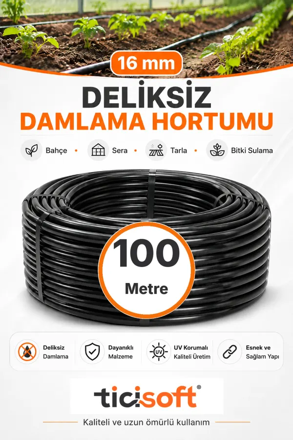 100 Metre 16 mm Deliksiz Damlama Sulama Hortumu Bahçe Sera Tarla Bitki ve Ağaç Sulama Borusu