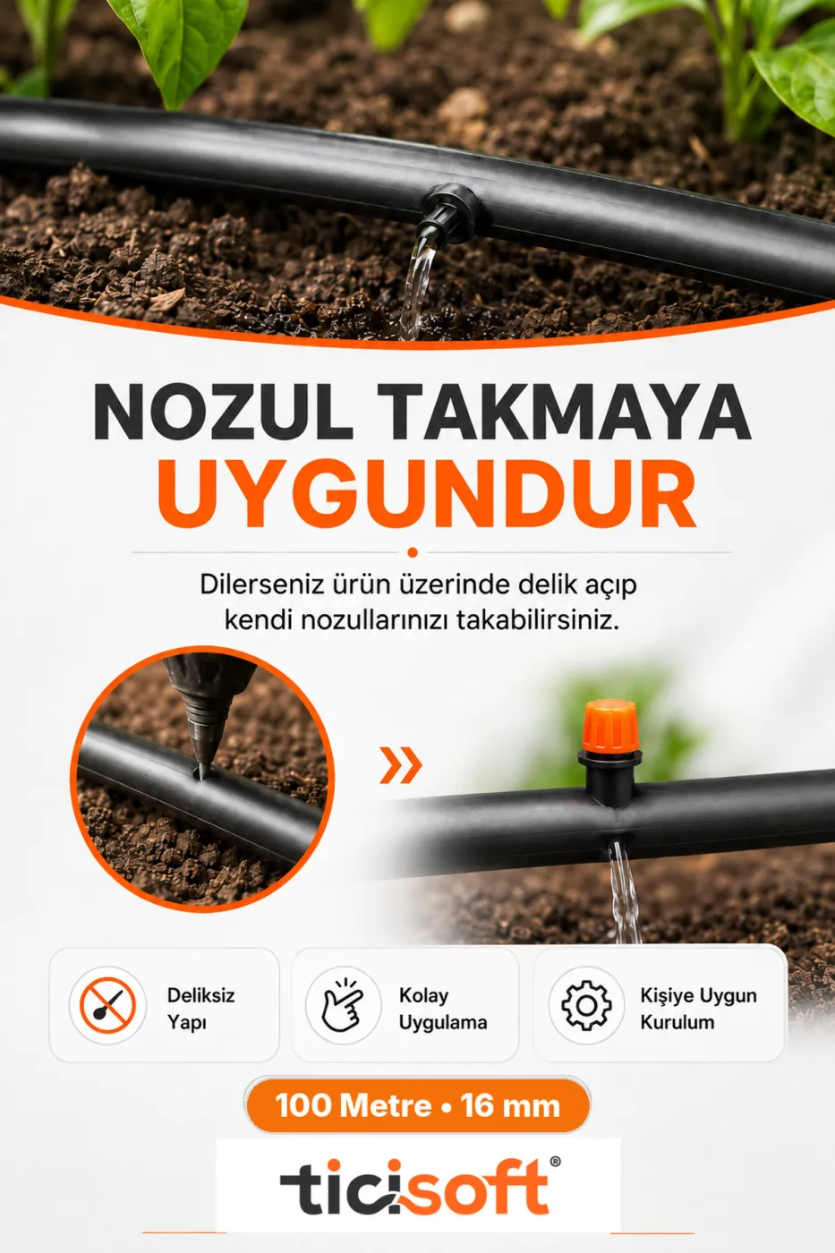 100 Metre 16 mm Deliksiz Damlama Sulama Hortumu Bahçe Sera Tarla Bitki ve Ağaç Sulama Borusu