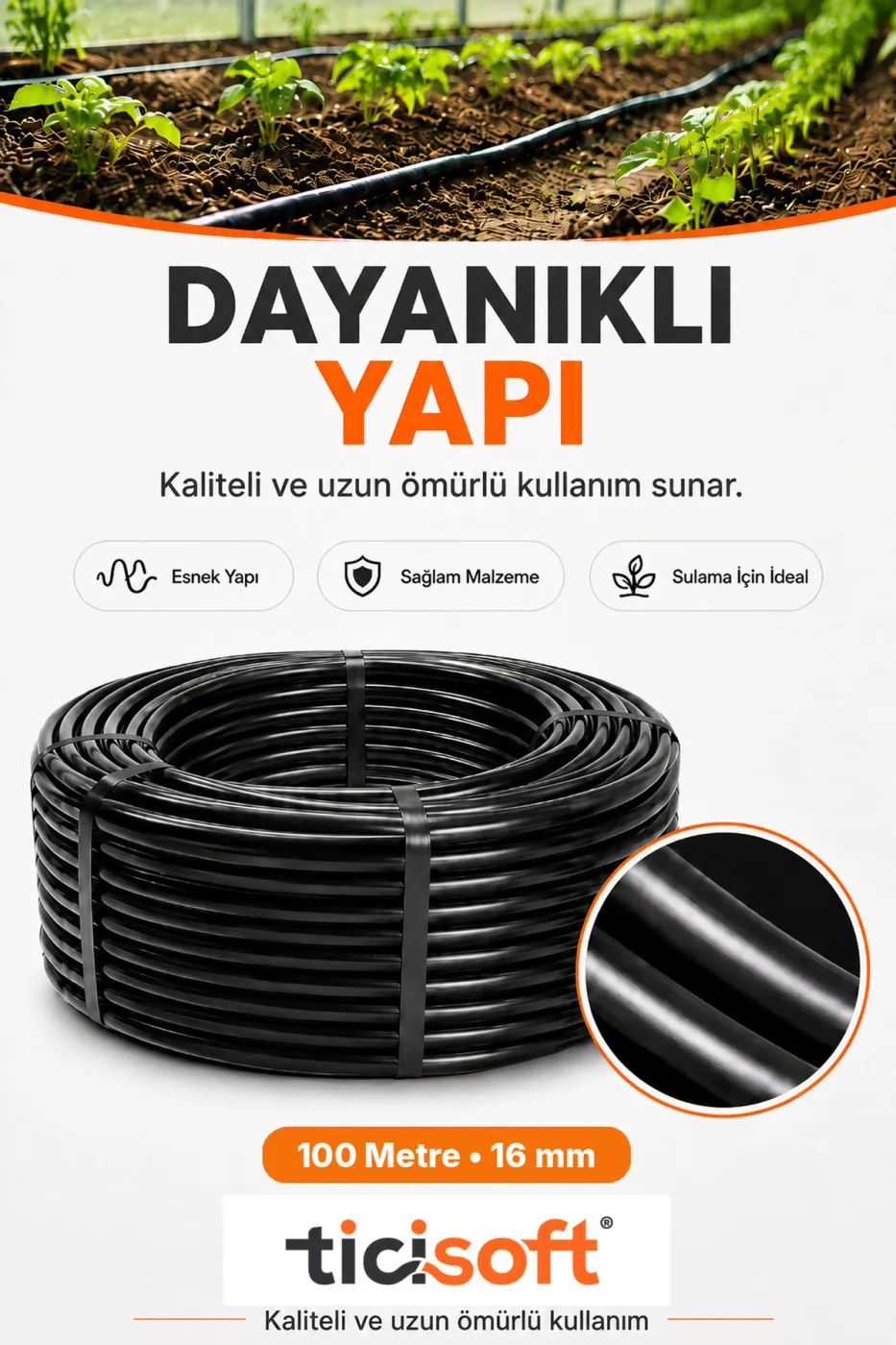 100 Metre 16 mm Deliksiz Damlama Sulama Hortumu Bahçe Sera Tarla Bitki ve Ağaç Sulama Borusu