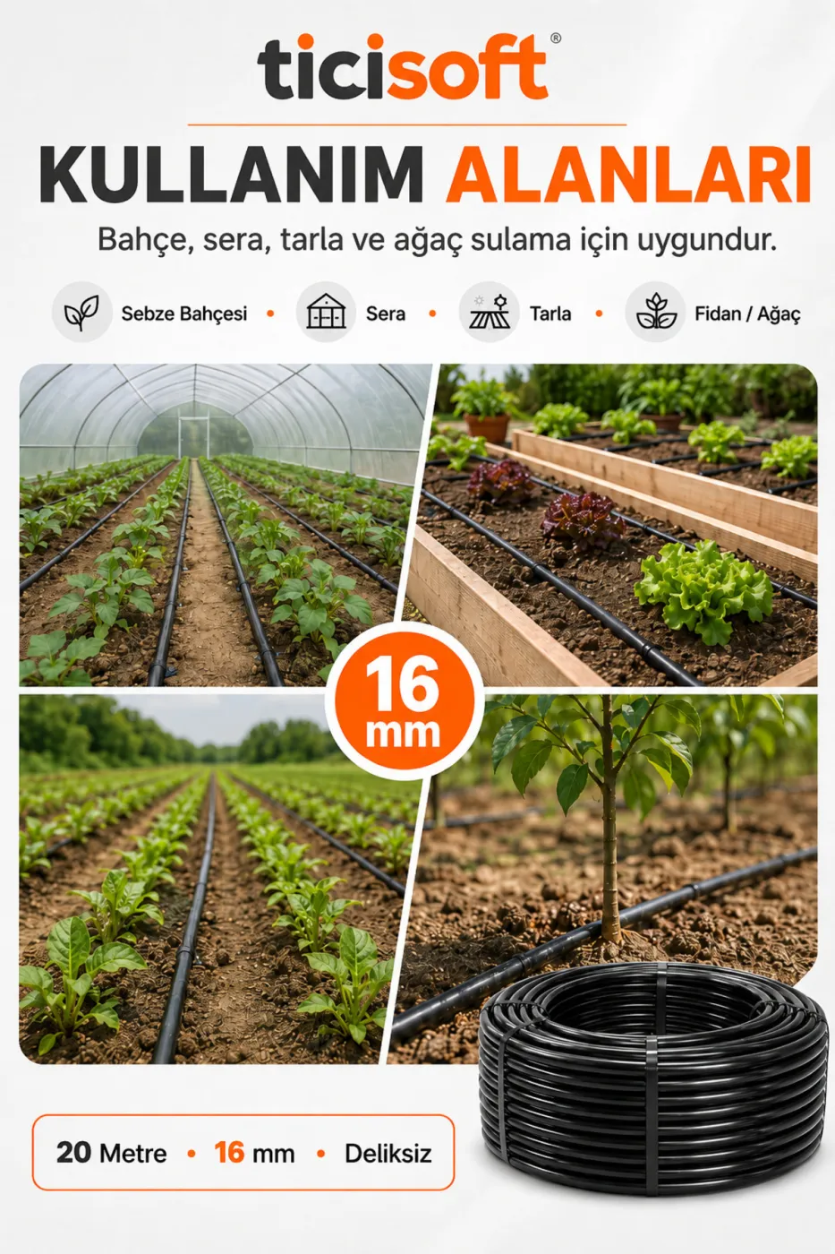 20 Metre 16 mm Deliksiz Damlama Sulama Hortumu Bahçe Sera Tarla Bitki ve Ağaç Sulama Borusu