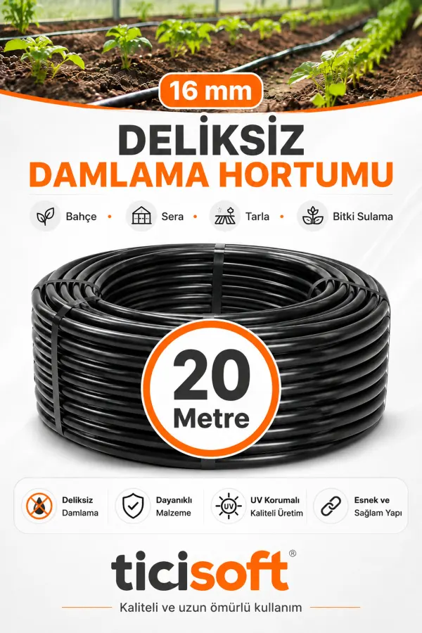 20 Metre 16 mm Deliksiz Damlama Sulama Hortumu Bahçe Sera Tarla Bitki ve Ağaç Sulama Borusu