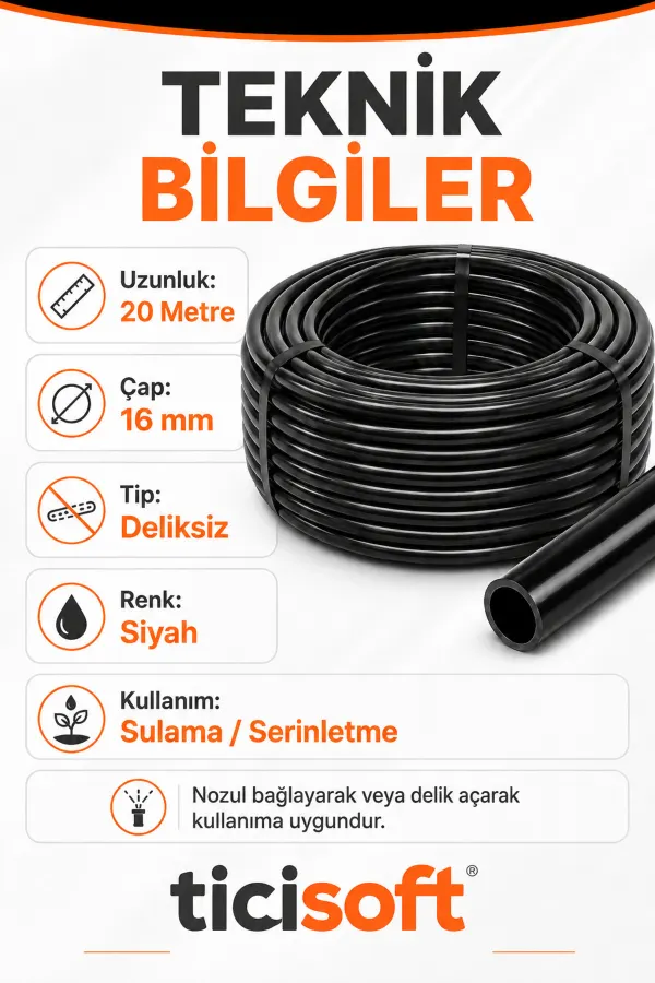 20 Metre 16 mm Deliksiz Damlama Sulama Hortumu Bahçe Sera Tarla Bitki ve Ağaç Sulama Borusu