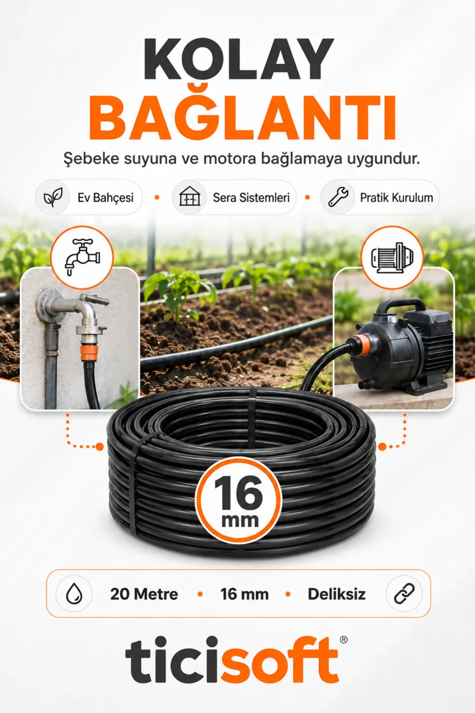 20 Metre 16 mm Deliksiz Damlama Sulama Hortumu Bahçe Sera Tarla Bitki ve Ağaç Sulama Borusu