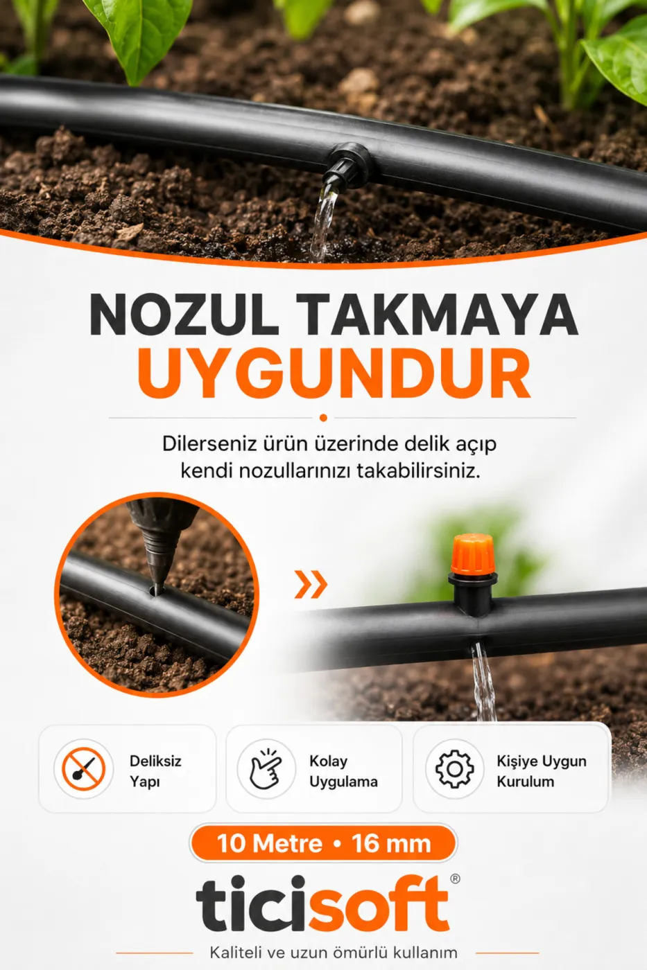 10 Metre 16 mm Deliksiz Damlama Sulama Hortumu Bahçe Sera Tarla Bitki ve Ağaç Sulama Borusu