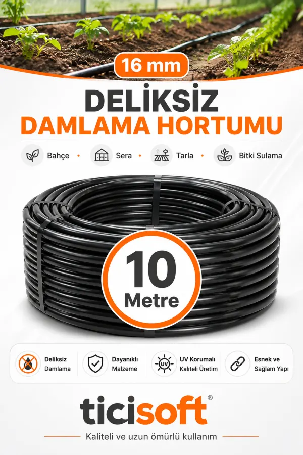 10 Metre 16 mm Deliksiz Damlama Sulama Hortumu Bahçe Sera Tarla Bitki ve Ağaç Sulama Borusu
