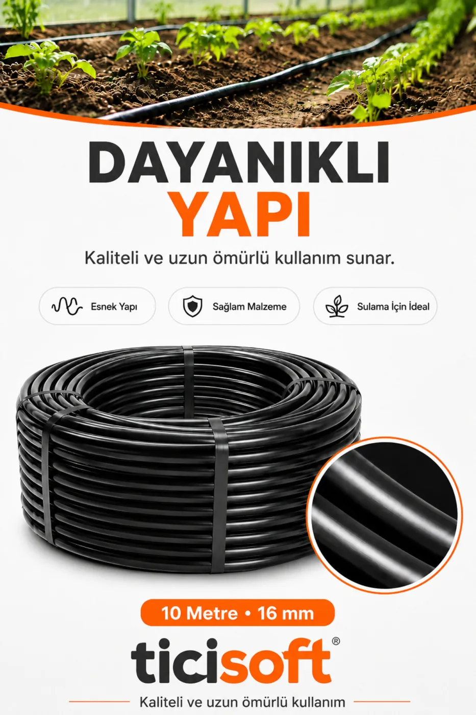 10 Metre 16 mm Deliksiz Damlama Sulama Hortumu Bahçe Sera Tarla Bitki ve Ağaç Sulama Borusu