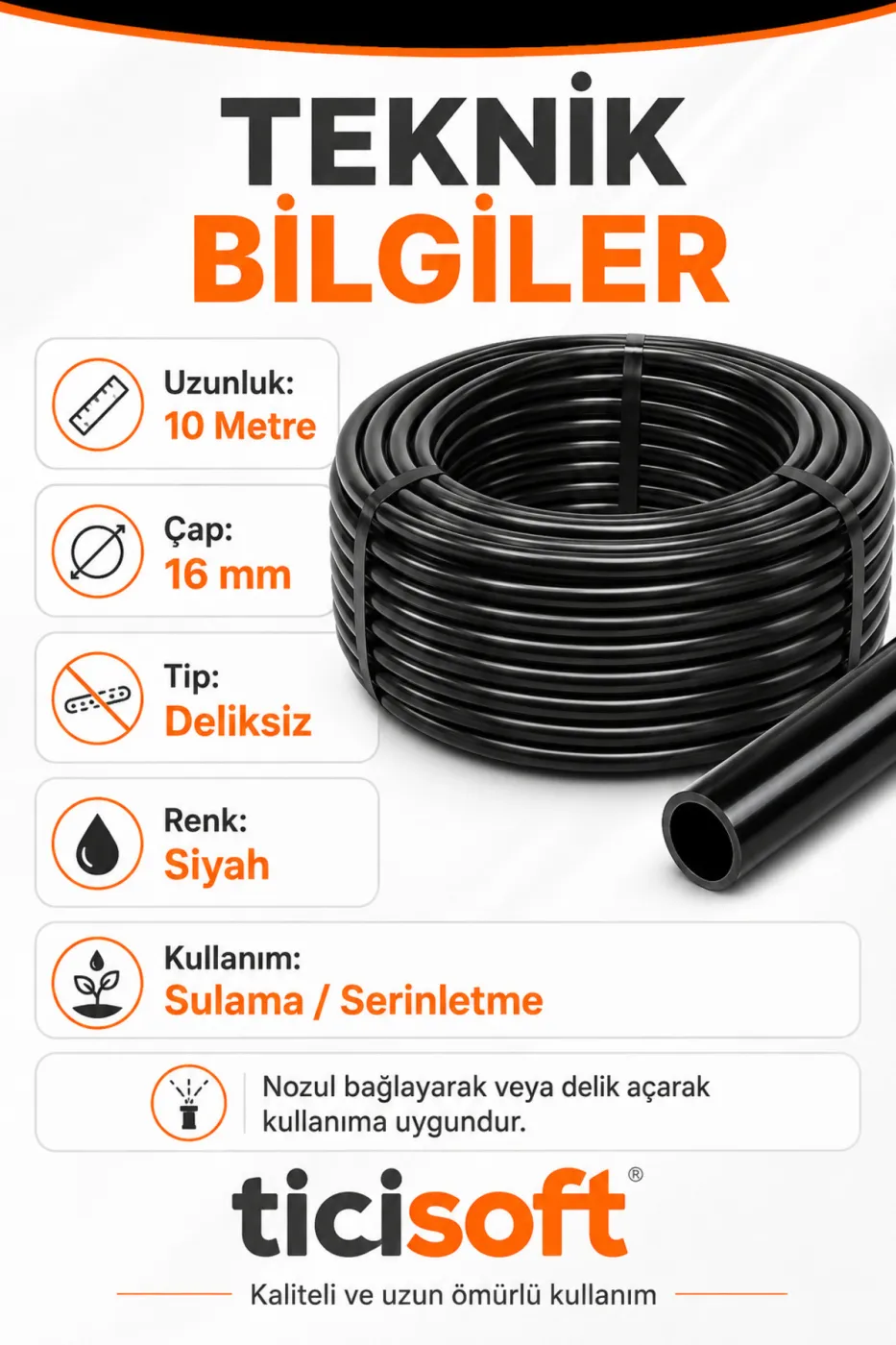 10 Metre 16 mm Deliksiz Damlama Sulama Hortumu Bahçe Sera Tarla Bitki ve Ağaç Sulama Borusu