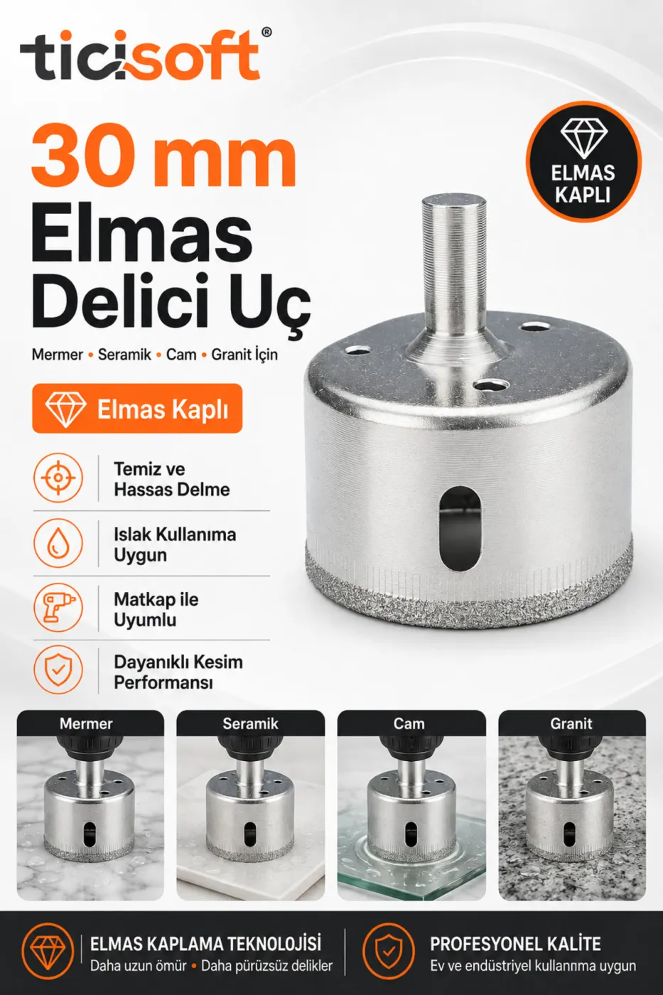 30 mm Elmas Kaplı Panç Delici Uç Cam Seramik Mermer Granit Delme Matkap Ucu