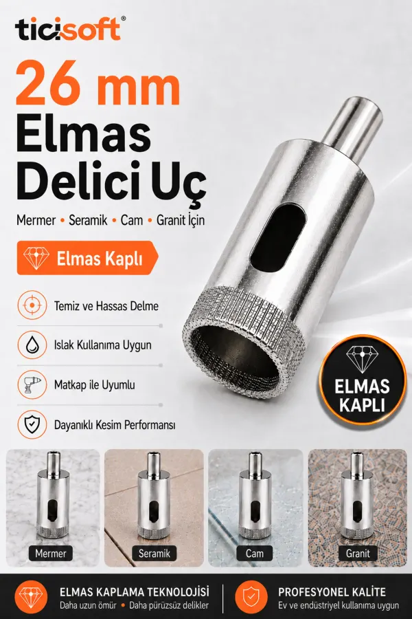26 mm Elmas Kaplı Panç Delici Uç Cam Seramik Mermer Granit Delme Matkap Ucu