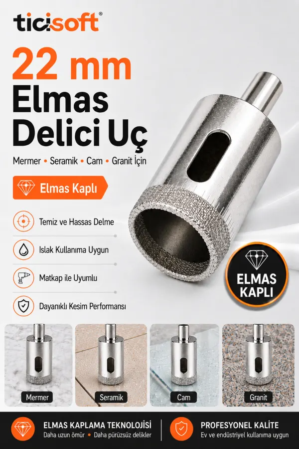 22 mm Elmas Kaplı Panç Delici Uç Cam Seramik Mermer Granit Delme Matkap Ucu