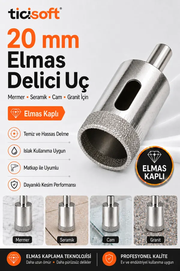 20 mm Elmas Kaplı Panç Delici Uç Cam Seramik Mermer Granit Delme Matkap Ucu