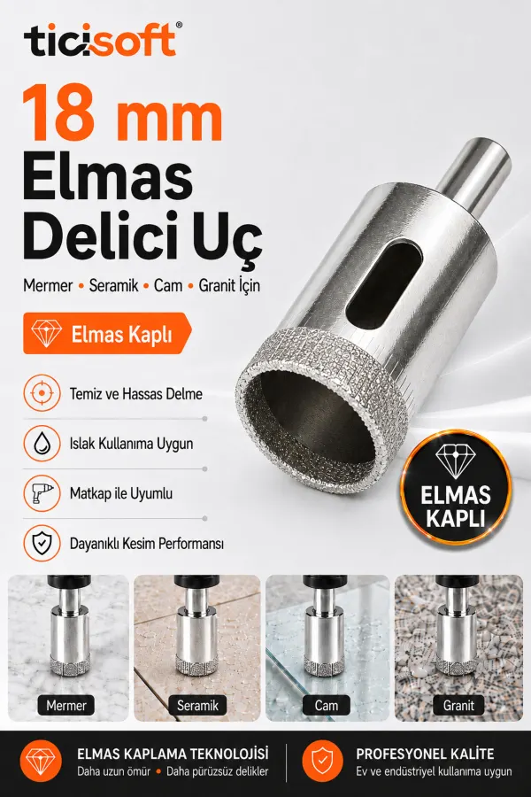 18 mm Elmas Kaplı Panç Delici Uç Cam Seramik Mermer Granit Delme Matkap Ucu