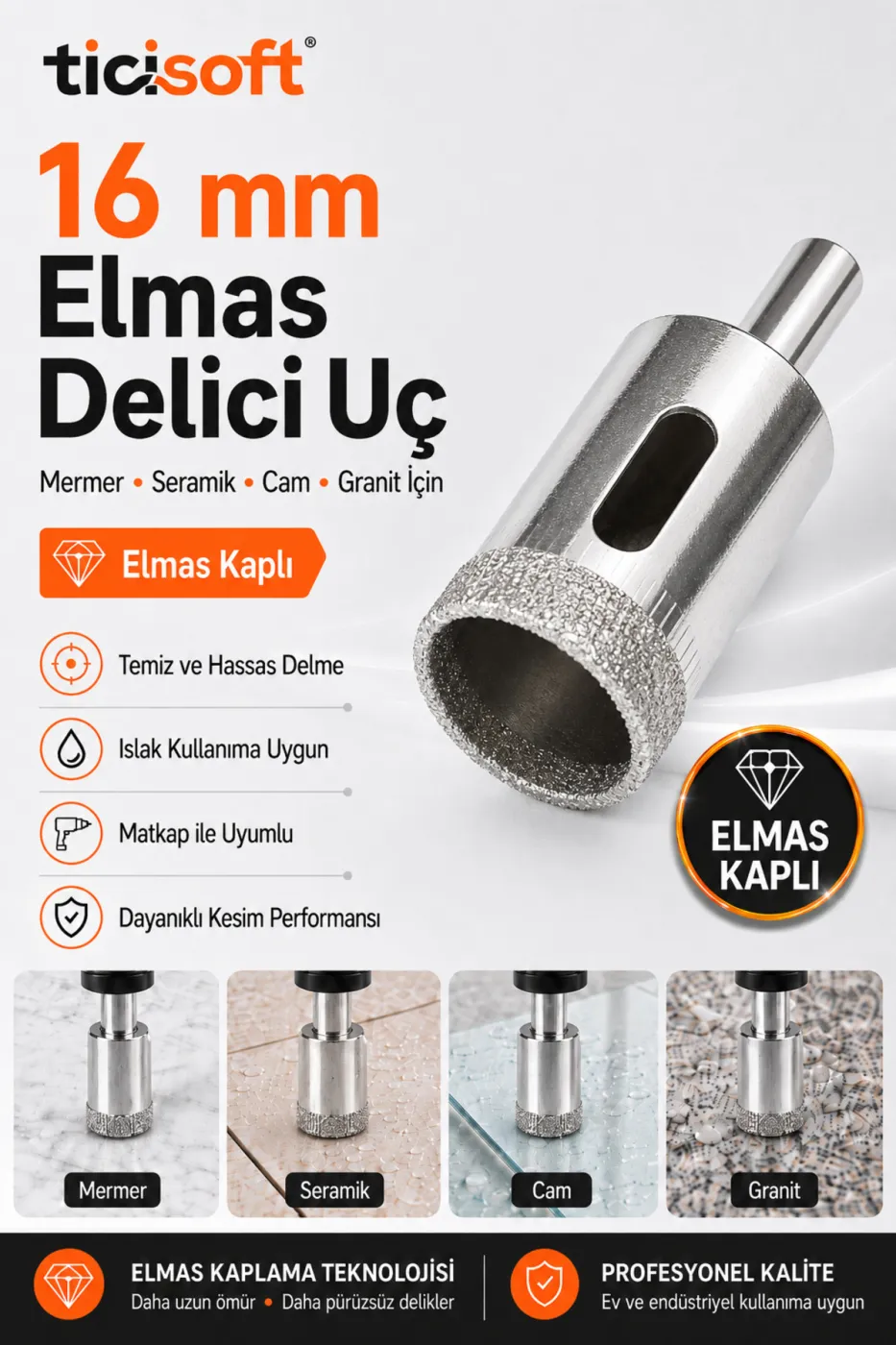 16 mm Elmas Kaplı Panç Delici Uç Cam Seramik Mermer Granit Delme Matkap Ucu
