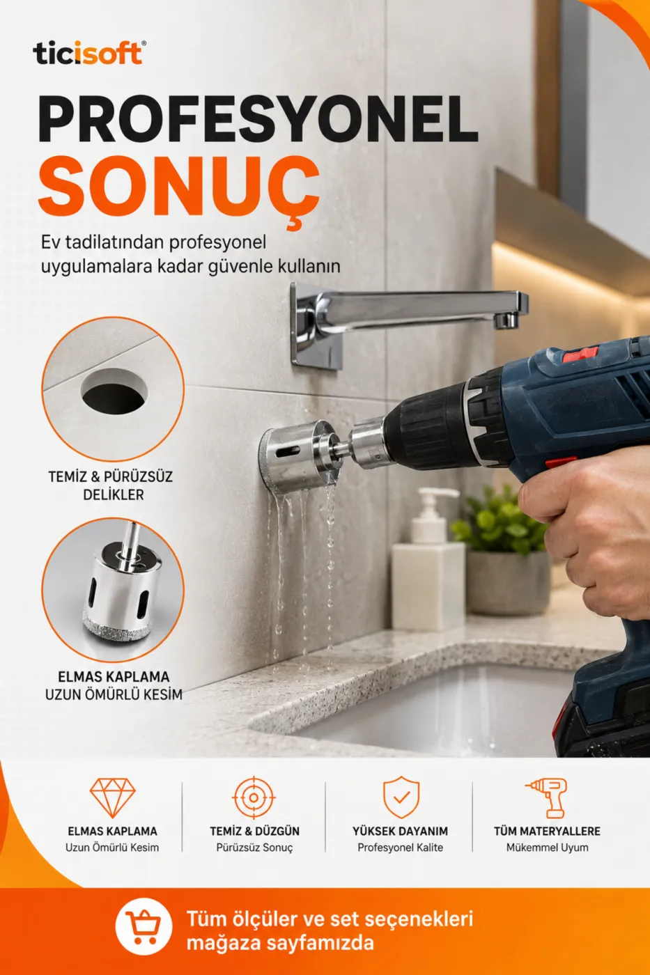 14 mm Elmas Kaplı Panç Delici Uç Cam Seramik Mermer Granit Delme Matkap Ucu