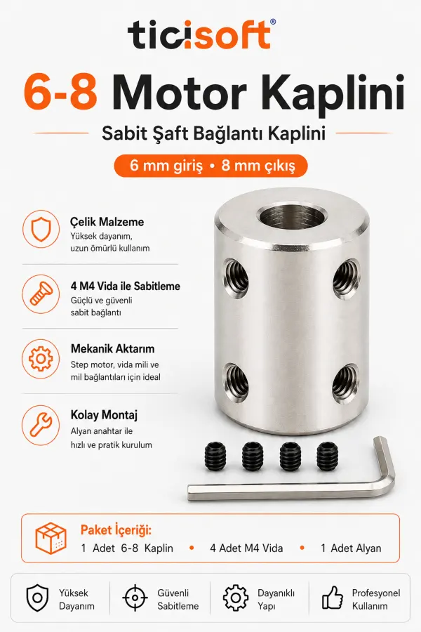 6-8 Motor Kaplini Sabit Şaft Bağlantı Kaplin Motor Pimi Çoğaltıcı 8mm Çelik 4 M4 Vidalı Alyanlı