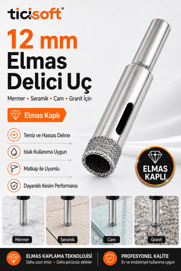 12 mm Elmas Kaplı Panç Delici Uç Cam Seramik Mermer Granit Delme Matkap Ucu