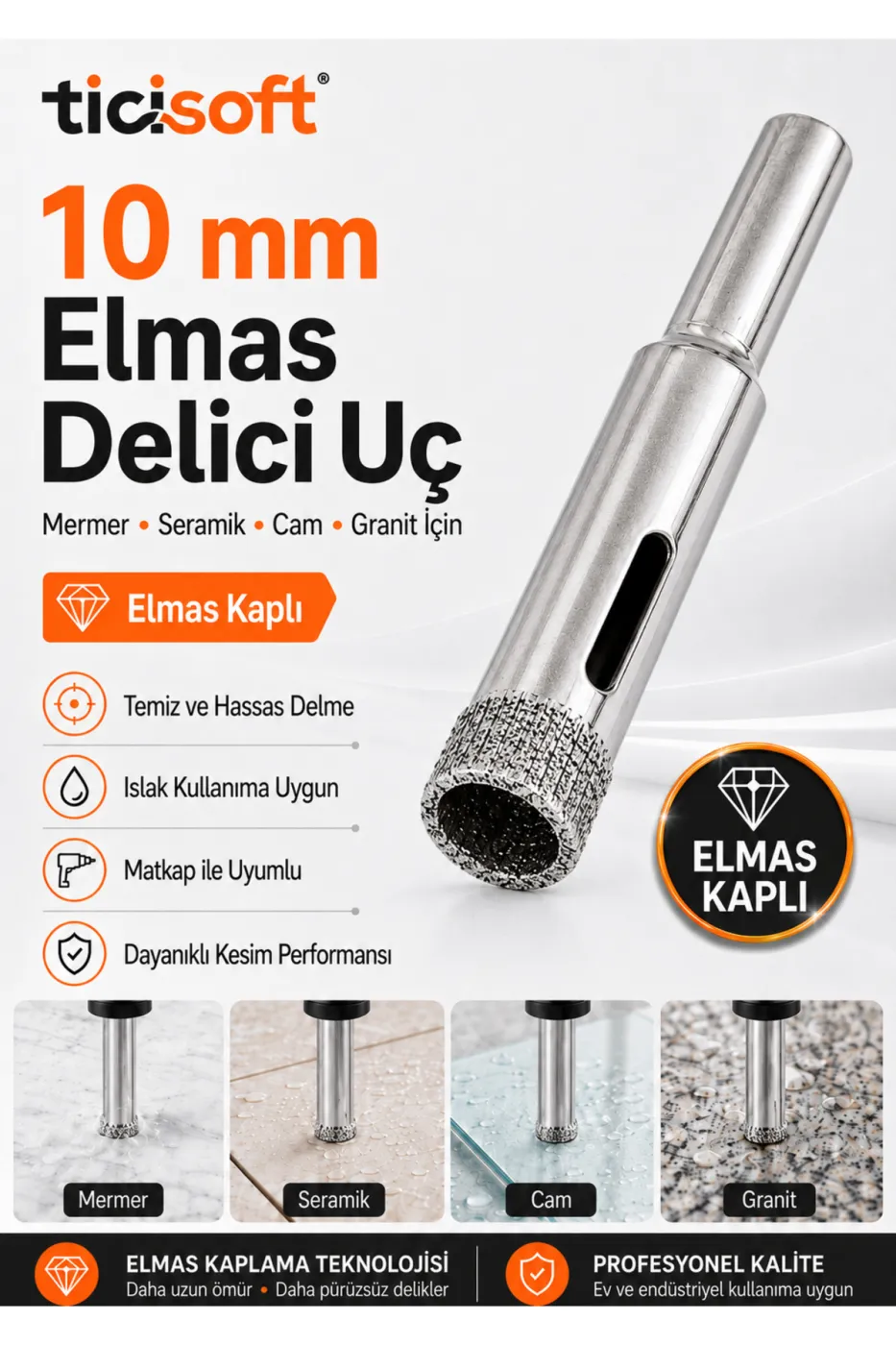 10 mm Elmas Kaplı Panç Delici Uç Cam Seramik Mermer Granit Delme Matkap Ucu