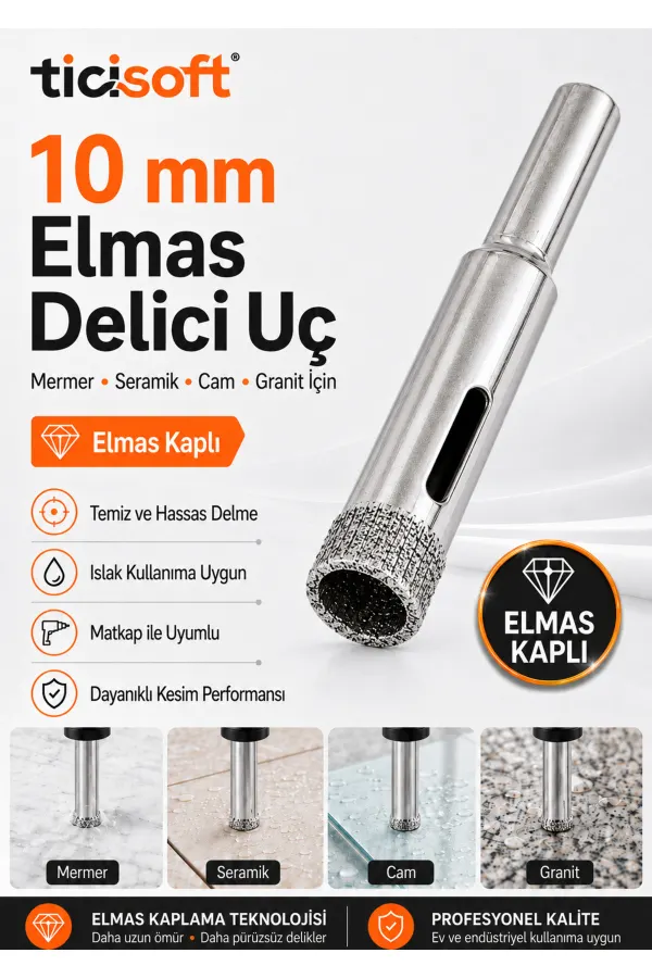 10 mm Elmas Kaplı Panç Delici Uç Cam Seramik Mermer Granit Delme Matkap Ucu