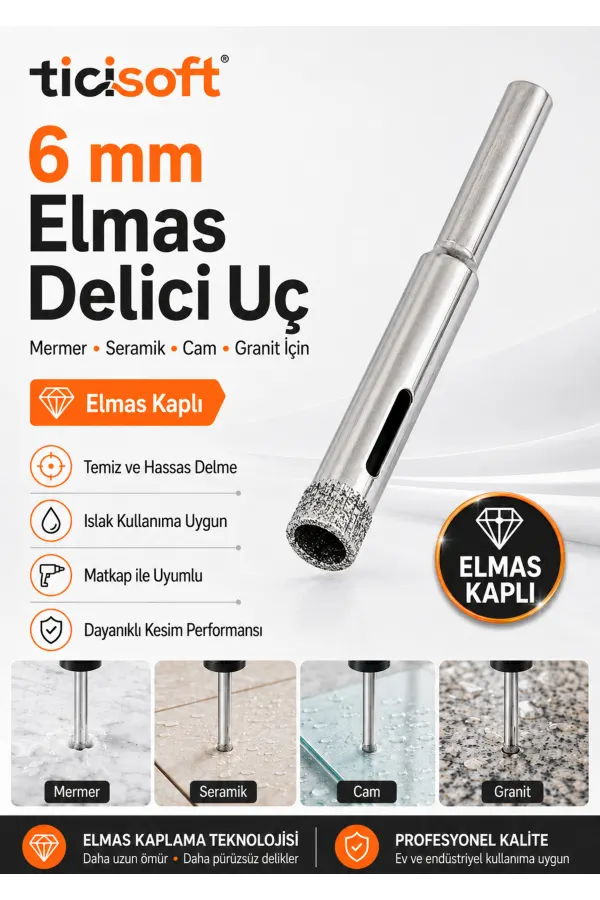 6 mm Elmas Kaplı Panç Delici Uç Cam Seramik Mermer Granit Delme Matkap Ucu