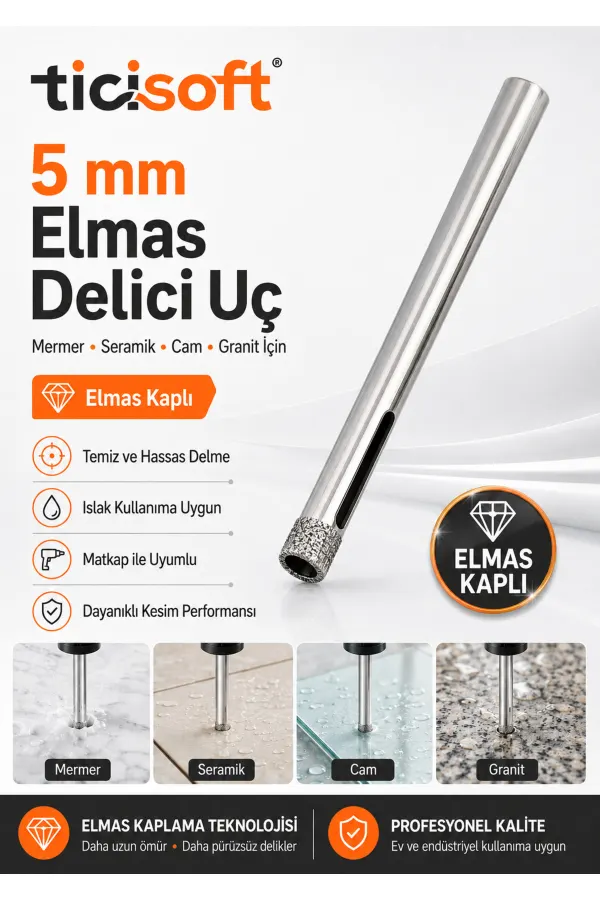 5 mm Elmas Kaplı Panç Delici Uç Cam Seramik Mermer Granit Delme Matkap Ucu