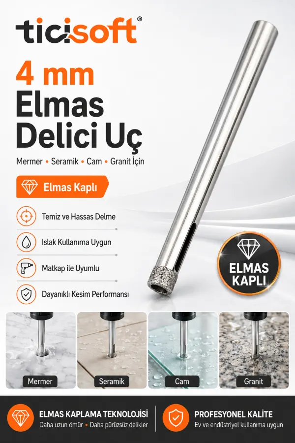 4 mm Elmas Kaplı Panç Delici Uç Cam Seramik Mermer Granit Delme Matkap Ucu