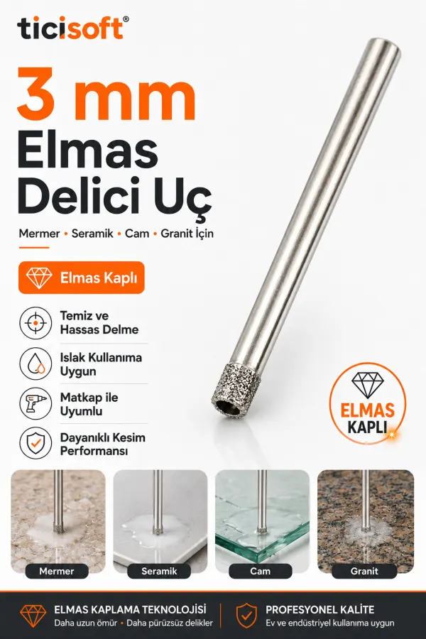 3 mm Elmas Kaplı Panç Delici Uç Cam Seramik Mermer Granit Delme Matkap Ucu